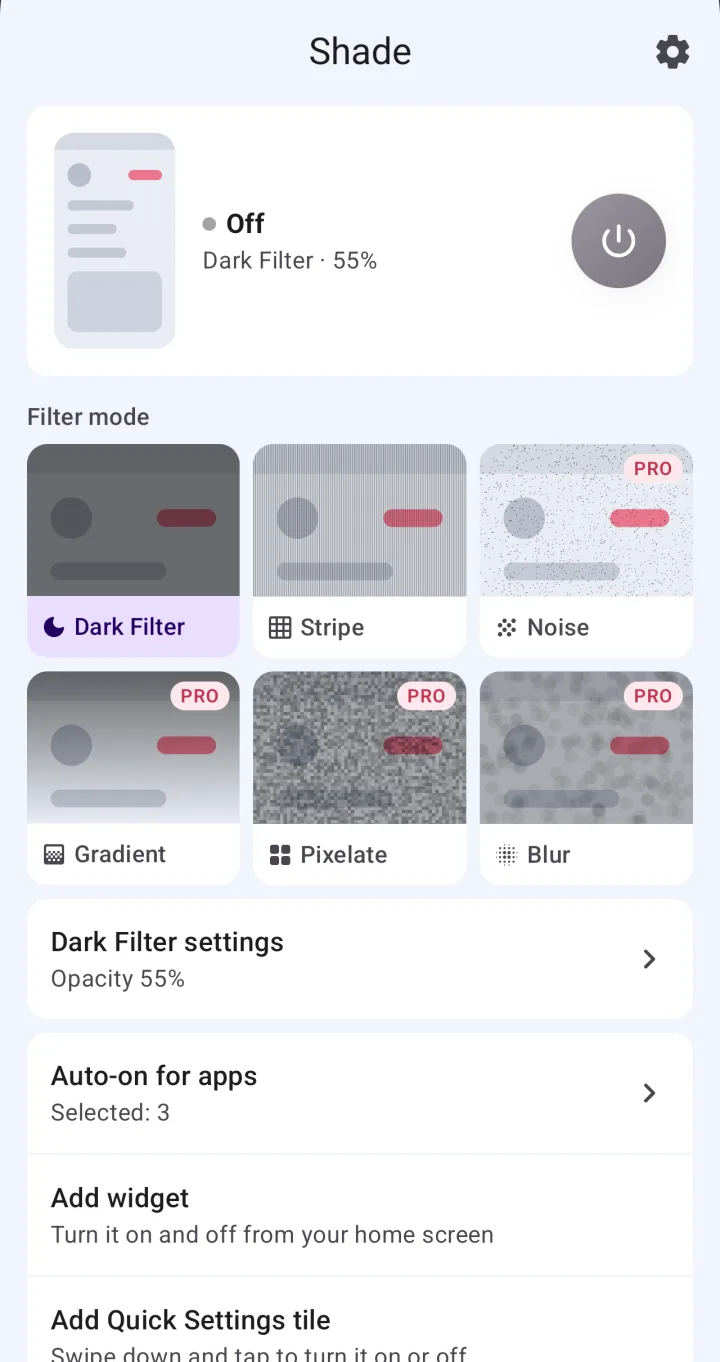 Shade's main screen with the six filters: Dark Filter, Stripe, Noise, Gradient, Pixelate and Blur. The last four carry a PRO badge.
