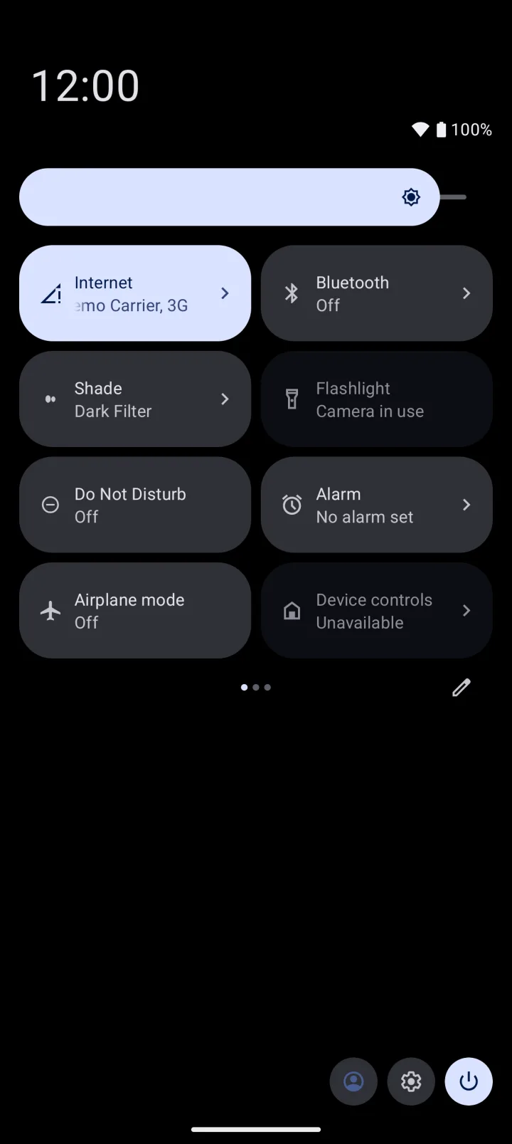 Android Quick Settings with the Shade tile, showing Dark Filter.